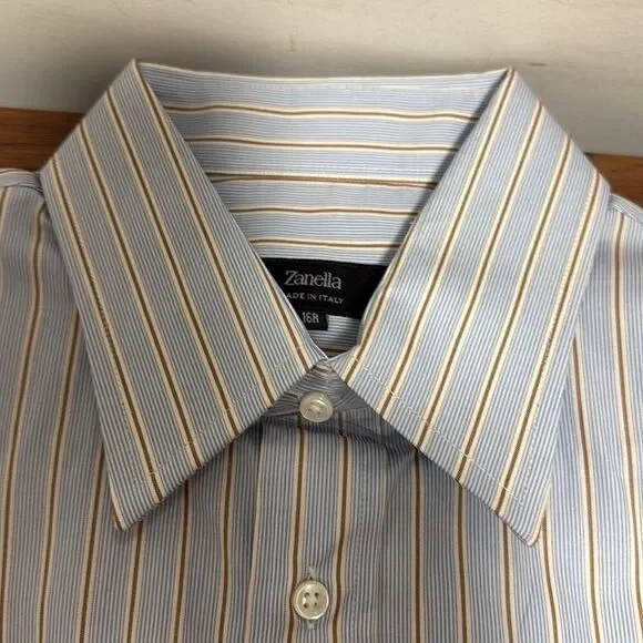 NWT Zanella Mens Shirt Blue Tan Stripe Long Sleeve Button Up w/French Cuff. - Picture 1 of 10